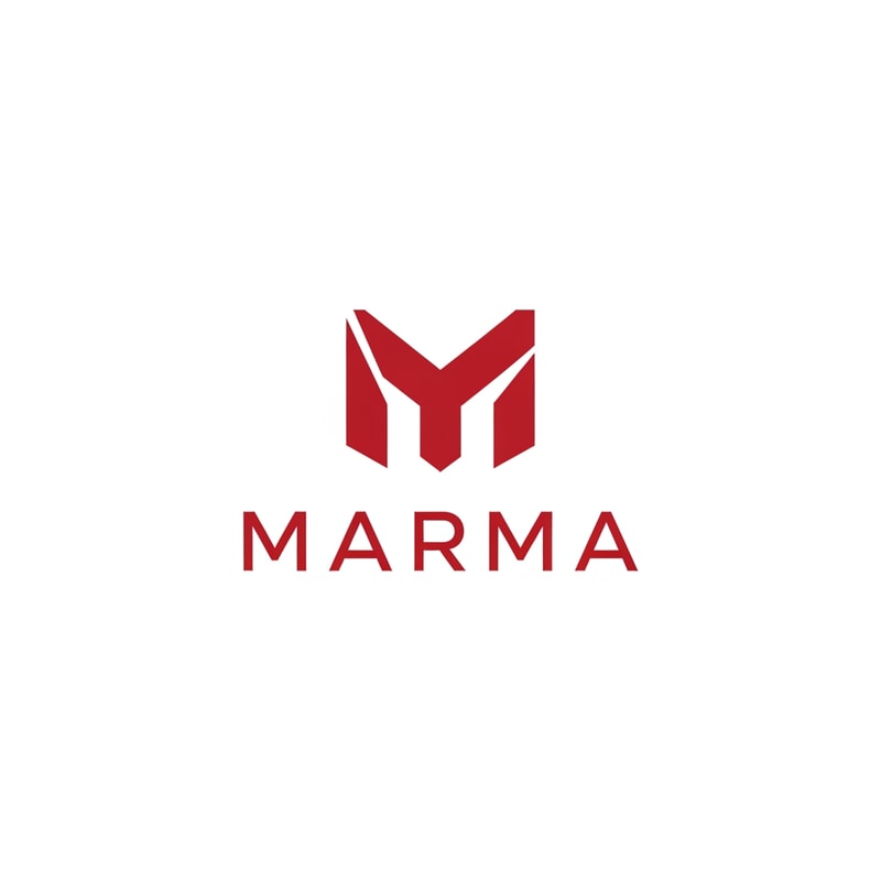 A sophisticated, abstract corporate logotype concept for the brand "Marma ," integrating a subtle, conceptual abstract mark or monogram positioned above the text — Centered composition designed for immediate recognition and high impact at small scale; the mark must complement the logotype — Professional color scheme utilizing deep red and crisp — Flat, sharp, graphic design lighting; modern and professional tone — Minimalist vector graphic design; hard edges, conceptual mark, suitable for digital and print branding — The exact text required is "Marma "; keep text/logos/labels EXACTLY unchanged; no rewriting, redrawing, correcting, or adding any text; avoid photographic elements or heavy gradients — Isolated on a seamless pure white background for versatile branding use.