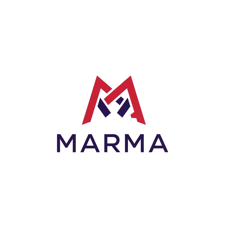 A sophisticated, abstract corporate logotype concept for the brand "Marma ," integrating a subtle, conceptual abstract mark or monogram positioned above the text — Centered composition designed for immediate recognition and high impact at small scale; the mark must complement the logotype — Professional color scheme utilizing deep indigo red and crisp  — Flat, sharp, graphic design lighting; modern and professional tone — Minimalist vector graphic design; hard edges, conceptual mark, suitable for digital and print branding — The exact text required is "Marma "; keep text/logos/labels EXACTLY unchanged; no rewriting, redrawing, correcting, or adding any text; avoid photographic elements or heavy gradients — Isolated on a seamless pure white background for versatile branding use.