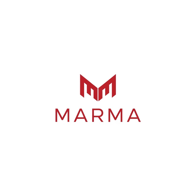 A sophisticated, abstract corporate logotype concept for the brand "Marma ," integrating a subtle, conceptual abstract mark or monogram positioned above the text — Centered composition designed for immediate recognition and high impact at small scale; the mark must complement the logotype — Professional color scheme utilizing deep  red and crisp  — Flat, sharp, graphic design lighting; modern and professional tone — Minimalist vector graphic design; hard edges, conceptual mark, suitable for digital and print branding — The exact text required is "Marma "; keep text/logos/labels EXACTLY unchanged; no rewriting, redrawing, correcting, or adding any text; avoid photographic elements or heavy gradients — Isolated on a seamless pure white background for versatile branding use.