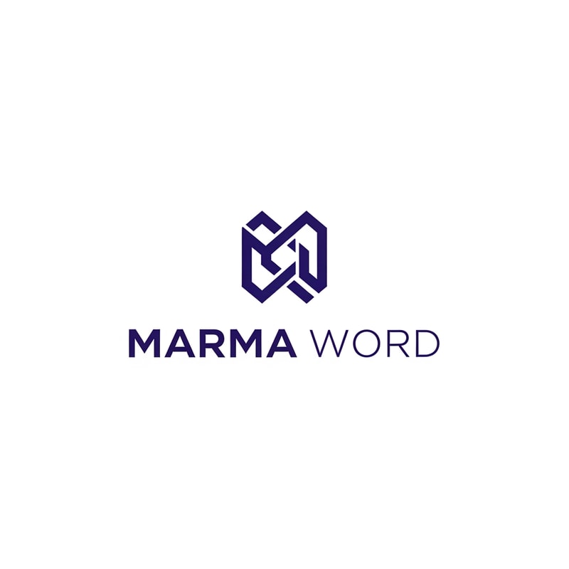 A sophisticated, abstract corporate logotype concept for the brand "Marma Word," integrating a subtle, conceptual abstract mark or monogram positioned above the text — Centered composition designed for immediate recognition and high impact at small scale; the mark must complement the logotype — Professional color scheme utilizing deep indigo blue and crisp white/off-white — Flat, sharp, graphic design lighting; modern and professional tone — Minimalist vector graphic design; hard edges, conceptual mark, suitable for digital and print branding — The exact text required is "Marma Word"; keep text/logos/labels EXACTLY unchanged; no rewriting, redrawing, correcting, or adding any text; avoid photographic elements or heavy gradients — Isolated on a seamless pure white background for versatile branding use.