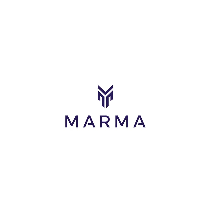 A sophisticated, abstract corporate logotype concept for the brand "Marma ," integrating a subtle, conceptual abstract mark or monogram positioned above the text — Centered composition designed for immediate recognition and high impact at small scale; the mark must complement the logotype — Professional color scheme utilizing deep indigo blue and crisp white/off-white — Flat, sharp, graphic design lighting; modern and professional tone — Minimalist vector graphic design; hard edges, conceptual mark, suitable for digital and print branding — The exact text required is "Marma "; keep text/logos/labels EXACTLY unchanged; no rewriting, redrawing, correcting, or adding any text; avoid photographic elements or heavy gradients — Isolated on a seamless pure white background for versatile branding use.