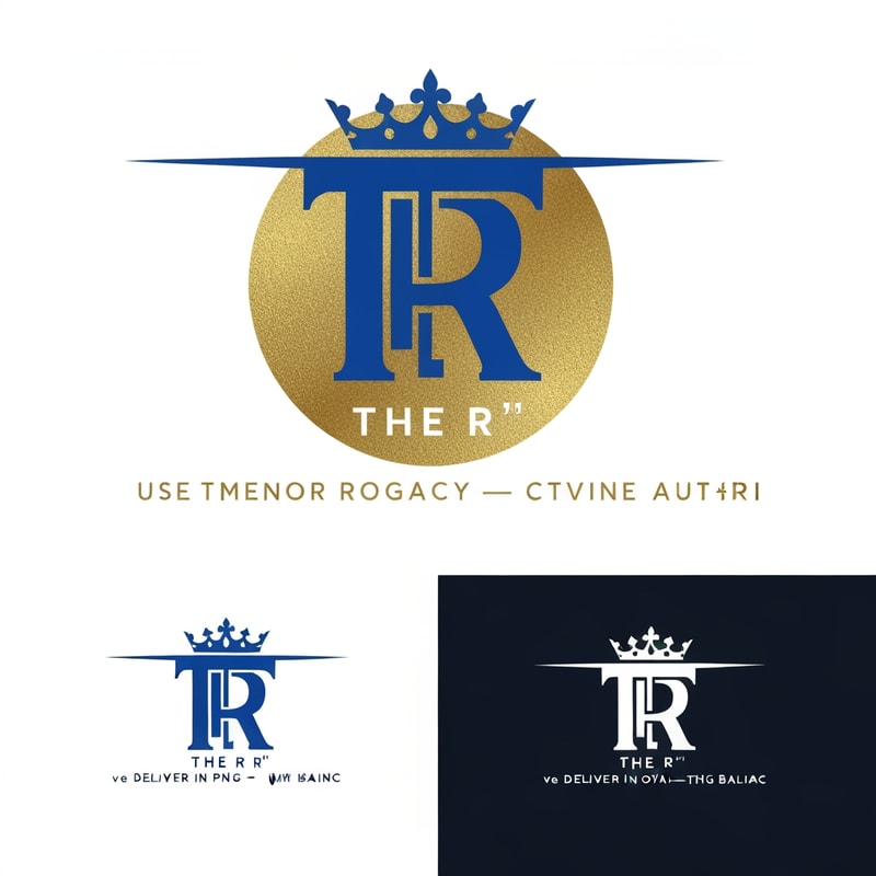 Design a distinc buil“T, whi“The R
The logoregal, ancient aesthetic — stimeless, noble,, yetclean and adaptable for modern media.

Design requir

Use a rich royal blue (#00008 c

Incorporate gold,gold c tabove, behind, or inte the

The overall look must feel royal, powerful, and — a mhonor, legacy, and divine authori

The TR shelegant and b,ancient royal typography or engraved sym

Optionally include the text “ inclassic serif or ancient-style font tha

Keep the composition balanc

Deliver in ve andhigh-resolution PNG with transparent

Include light and dark background ver rt-shirt printing and

Style
Ancien