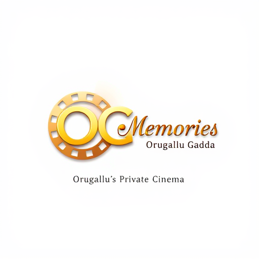 Professional logo design. Create a 3D logo for 'OG Memories' with 'OG' in the center, 'Orugallu Gadda' forming a curved arc above it, 'Memories' to the right, and tagline 'Orugallu's Private Cinema' below. Include a subtle film reel circle with perforations around 'OG', soft spotlight effect, gold-orange gradient for main text, and classy cinematic style. Landscape orientation, premium and elegant