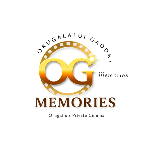 Professional logo design. Create a 3D logo for 'OG Memories' with 'OG' in the center, 'Orugallu Gadda' forming a curved arc above it, 'Memories' to the right, and tagline 'Orugallu's Private Cinema' below. Include a subtle film reel circle with perforations around 'OG', soft spotlight effect, gold-orange gradient for main text, and classy cinematic style. Landscape orientation, premium and elegant