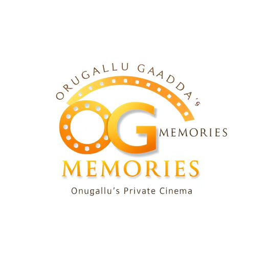 Professional logo design. Create a 3D logo for 'OG Memories' with 'OG' in the center, 'Orugallu Gadda' forming a curved arc above it, 'Memories' to the right, and tagline 'Orugallu's Private Cinema' below. Include a subtle film reel circle with perforations around 'OG', soft spotlight effect, gold-orange gradient for main text, and classy cinematic style. Landscape orientation, premium and elegant