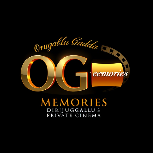 Professional logo design. Create a hyper-realistic 3D logo for 'OG Memories', a premium private home cinema. Place 'OG' in the center with bold, glossy metallic letters, subtle black outline, and realistic 3D depth. Curve the words 'Orugallu Gadda' above 'OG' in an elegant serif font, forming a smooth arc. Place 'Memories' to the right in large gold-orange gradient letters with soft reflections. Below 'Memories', add the tagline 'Orugallu's Private Cinema' in smaller, italicized white letters. Surround 'OG' with a realistic film reel circle, with tiny perforation holes catching light. Add cinematic lighting with soft spotlight and ambient shadows for depth. Style should be elegant, luxurious, and dramatic, with realistic textures, shadows, and reflections. Landscape format, premium and visually striking, perfect for a high-end private theatre brand.
