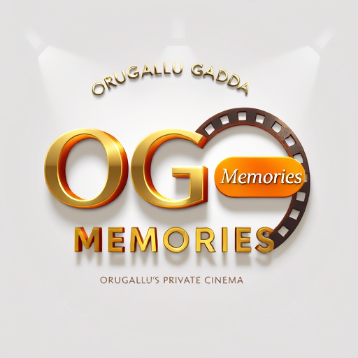Professional logo design. Create a hyper-realistic 3D logo for 'OG Memories', a premium private home cinema. Place 'OG' in the center with bold, glossy metallic letters, subtle black outline, and realistic 3D depth. Curve the words 'Orugallu Gadda' above 'OG' in an elegant serif font, forming a smooth arc. Place 'Memories' to the right in large gold-orange gradient letters with soft reflections. Below 'Memories', add the tagline 'Orugallu's Private Cinema' in smaller, italicized white letters. Surround 'OG' with a realistic film reel circle, with tiny perforation holes catching light. Add cinematic lighting with soft spotlight and ambient shadows for depth. Style should be elegant, luxurious, and dramatic, with realistic textures, shadows, and reflections. Landscape format, premium and visually striking, perfect for a high-end private theatre brand.