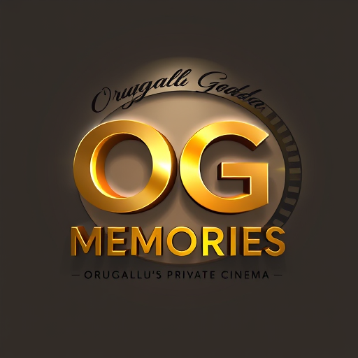 Professional logo design. Create a hyper-realistic 3D logo for 'OG Memories', a premium private home cinema. Place 'OG' in the center with bold, glossy metallic letters, subtle black outline, and realistic 3D depth. Curve the words 'Orugallu Gadda' above 'OG' in an elegant serif font, forming a smooth arc. Place 'Memories' to the right in large gold-orange gradient letters with soft reflections. Below 'Memories', add the tagline 'Orugallu's Private Cinema' in smaller, italicized white letters. Surround 'OG' with a realistic film reel circle, with tiny perforation holes catching light. Add cinematic lighting with soft spotlight and ambient shadows for depth. Style should be elegant, luxurious, and dramatic, with realistic textures, shadows, and reflections. Landscape format, premium and visually striking, perfect for a high-end private theatre brand.