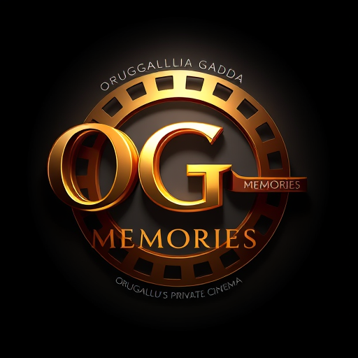 Professional logo design. Create a hyper-realistic 3D logo for 'OG Memories', a premium private home cinema. Place 'OG' in the center with bold, glossy metallic letters, subtle black outline, and realistic 3D depth. Curve the words 'Orugallu Gadda' above 'OG' in an elegant serif font, forming a smooth arc. Place 'Memories' to the right in large gold-orange gradient letters with soft reflections. Below 'Memories', add the tagline 'Orugallu's Private Cinema' in smaller, italicized white letters. Surround 'OG' with a realistic film reel circle, with tiny perforation holes catching light. Add cinematic lighting with soft spotlight and ambient shadows for depth. Style should be elegant, luxurious, and dramatic, with realistic textures, shadows, and reflections. Landscape format, premium and visually striking, perfect for a high-end private theatre brand.
