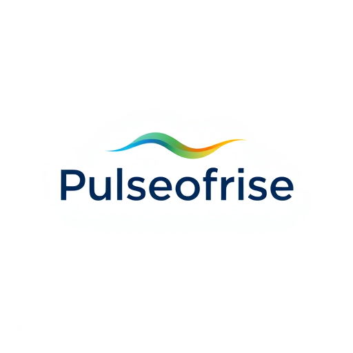 Professional logo design. Minimalist for a brand focused on the energy and flow of innovation named "Pulseofrise": A dynamic wave or pulse symbol, transitioning from cool blues and greens to warm oranges and yellows, set against a clean, modern sans-serif font. Design with subtle gradients and smooth, flowing lines, inspired by natural phenomena and digital interfaces, with a focus on conveying growth and connectivity, and a transparent background.
