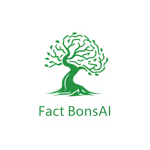 Professional logo design. "A minimalist modern logo design of a bonsai tree with twisted, artistic branches that form the shape of a human brain. The tree should have a strong trunk with natural curves, symbolizing wisdom and growth. Incorporate subtle digital elements, like glowing circuit lines or pixel-like patterns integrated into the branches, giving it a tech and AI feel. Clean lines, flat design, vector-style, suitable for a YouTube channel profile logo. Green and earthy tones with a simple background. Add the text 'Fact BonsAI' in a clean, modern font below or beside the logo, balanced and readable, with a slight futuristic digital style."