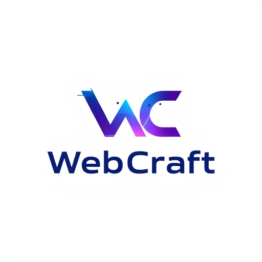 Professional logo design. Minimalist letterform for a futuristic website creation agency named "Web Craft": A sleek, interconnected 'W' and 'C' forming a dynamic, forward-thinking symbol, possibly with subtle digital circuit or network elements integrated. A gradient of deep blues, electric purples, and silver/white accents. Clean, modern sans-serif font with a slightly futuristic feel for the agency name. Design with influences from abstract geometric art and cutting-edge technology, emphasizing precision, innovation, and seamless integration. Visual execution should be sharp, scalable, and have a subtle glow effect. Transparent background.