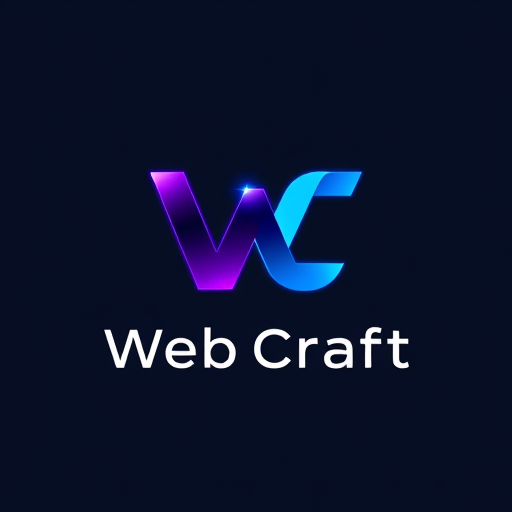 Professional logo design. Minimalist letterform for a futuristic website creation agency named "Web Craft": A sleek, interconnected 'W' and 'C' forming a dynamic, forward-thinking symbol, possibly with subtle digital circuit or network elements integrated. A gradient of deep blues, electric purples, and silver/white accents. Clean, modern sans-serif font with a slightly futuristic feel for the agency name. Design with influences from abstract geometric art and cutting-edge technology, emphasizing precision, innovation, and seamless integration. Visual execution should be sharp, scalable, and have a subtle glow effect. Transparent background.