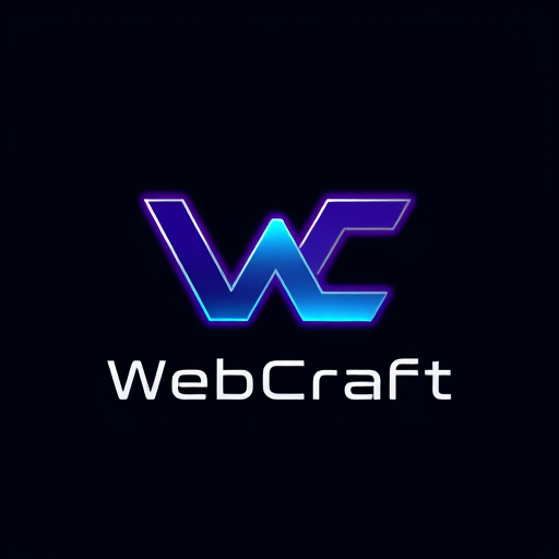Professional logo design. Minimalist letterform for a futuristic website creation agency named "Web Craft": A sleek, interconnected 'W' and 'C' forming a dynamic, forward-thinking symbol, possibly with subtle digital circuit or network elements integrated. A gradient of deep blues, electric purples, and silver/white accents. Clean, modern sans-serif font with a slightly futuristic feel for the agency name. Design with influences from abstract geometric art and cutting-edge technology, emphasizing precision, innovation, and seamless integration. Visual execution should be sharp, scalable, and have a subtle glow effect. Transparent background. Using my primary color red 