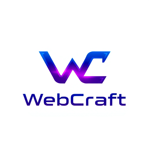 Professional logo design. Minimalist letterform for a futuristic website creation agency named "Web Craft": A sleek, interconnected 'W' and 'C' forming a dynamic, forward-thinking symbol, possibly with subtle digital circuit or network elements integrated. A gradient of deep blues, electric purples, and silver/white accents. Clean, modern sans-serif font with a slightly futuristic feel for the agency name. Design with influences from abstract geometric art and cutting-edge technology, emphasizing precision, innovation, and seamless integration. Visual execution should be sharp, scalable, and have a subtle glow effect. Transparent background. Using my primary color red 