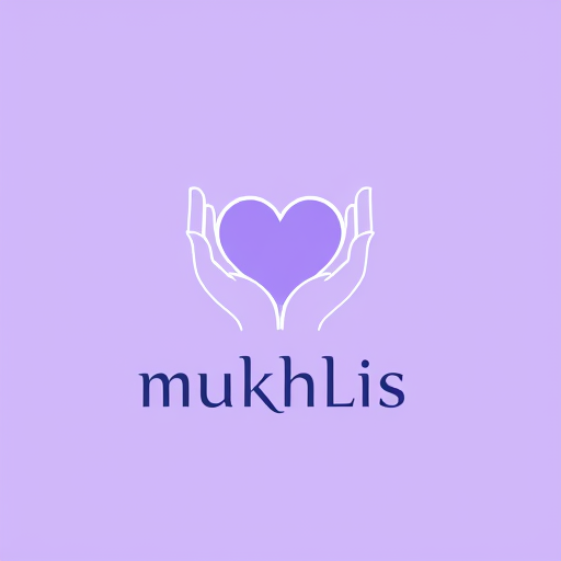 Professional logo design. a logo for our welfare/charity foundation/ngo called "MUKHLIS" . it should have a lavendar background, and mukhlis written with a dark bluish colour in urdu. the only thing that should be written on the logo is mukhlis. but it should be a minimalistic logo, with two hands holding a heart in between, the hands depicting people taking care of other people's hearts. the hands and heart should be in a white colour. it should be minimalistic and very persuasive.