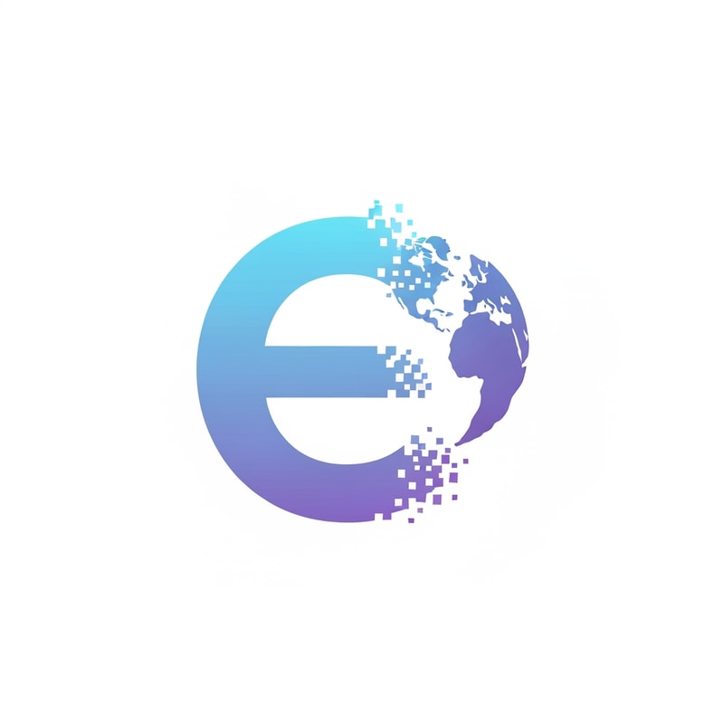 A stylized lowercase e dissolving into a pixel ring forming a globe.

Symbolizes transformation of identity into global visibility.

Colors: light-blue → violet gradient (digital harmony).