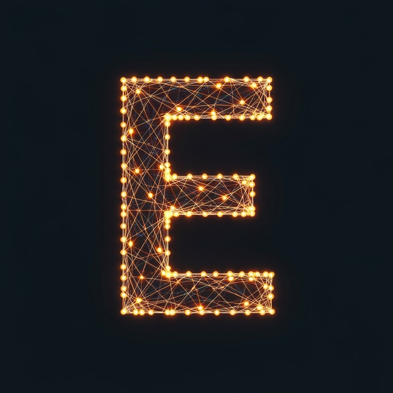 A glowing letter E formed by connected dots (symbolizing active digital nodes).