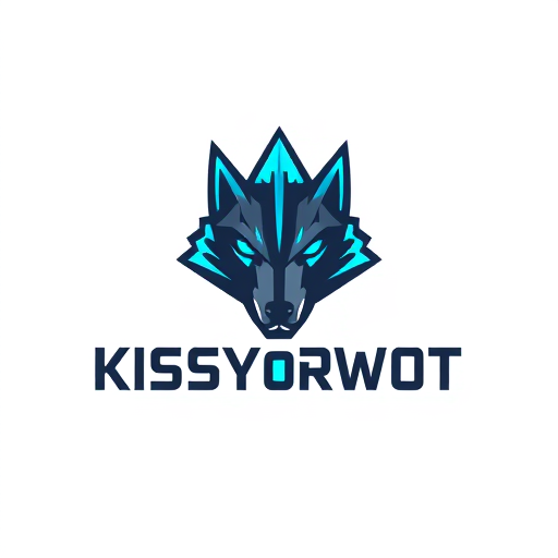 Professional logo design. Minimalist emblem for a competitive esports team named "KISSYorWOT": a stylized, angular wolf head merging with a sharp, upward-pointing arrow, suggesting dominance and precision, Neon electric blue, deep charcoal grey, and a touch of metallic silver, Bold, geometric sans-serif font for "Apex Predators", Clean and futuristic, with sharp lines and subtle digital glow effects, The wolf's eyes could have a subtle LED-like shine, The arrow should feel sharp and dynamic, a solid grey background with a subtle, dark hexagonal pattern.