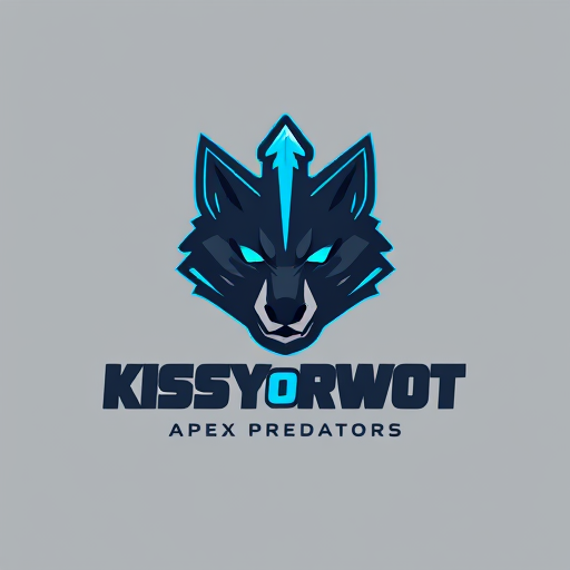 Professional logo design. Minimalist emblem for a competitive esports team named "KISSYorWOT": a stylized, angular wolf head merging with a sharp, upward-pointing arrow, suggesting dominance and precision, Neon electric blue, deep charcoal grey, and a touch of metallic silver, Bold, geometric sans-serif font for "Apex Predators", Clean and futuristic, with sharp lines and subtle digital glow effects, The wolf's eyes could have a subtle LED-like shine, The arrow should feel sharp and dynamic, a solid grey background with a subtle, dark hexagonal pattern.