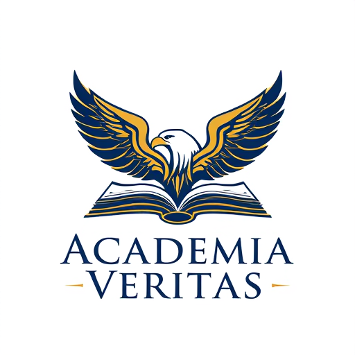 Professional logo design. Emblem for a prestigious educational institute focused on innovation and tradition named "Academia Veritas": A stylized open book transforming into a soaring eagle, symbolizing the pursuit of knowledge and elevated achievement, Gold and deep navy blue, Classic serif font with subtle modern flourishes, Art Nouveau influence with a contemporary geometric simplification, Intricate line work within the book and feathers, clean silhouette for the eagle, Plain white background.