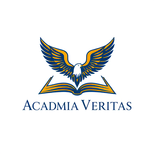 Professional logo design. Emblem for a prestigious educational institute focused on innovation and tradition named "Academia Veritas": A stylized open book transforming into a soaring eagle, symbolizing the pursuit of knowledge and elevated achievement, Gold and deep navy blue, Classic serif font with subtle modern flourishes, Art Nouveau influence with a contemporary geometric simplification, Intricate line work within the book and feathers, clean silhouette for the eagle, Plain white background.