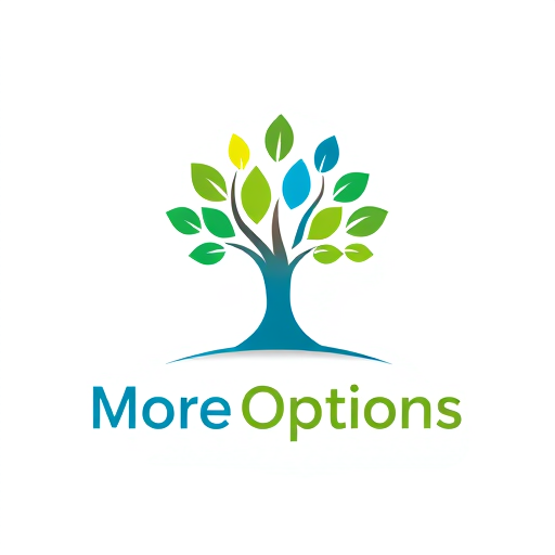 Professional logo design. Pictorial for a general purpose service company named "More Options": A branching tree symbolizing growth and diverse choices, with a vibrant, gradient color palette transitioning from green to blue. Clean, sans-serif typography with a slightly rounded aesthetic. Design with a modern, abstract influence and a flat design style, with subtle shadow effects for depth, and a clean, white background.