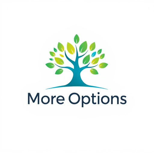Professional logo design. Pictorial for a general purpose service company named "More Options": A branching tree symbolizing growth and diverse choices, with a vibrant, gradient color palette transitioning from green to blue. Clean, sans-serif typography with a slightly rounded aesthetic. Design with a modern, abstract influence and a flat design style, with subtle shadow effects for depth, and a clean, white background.