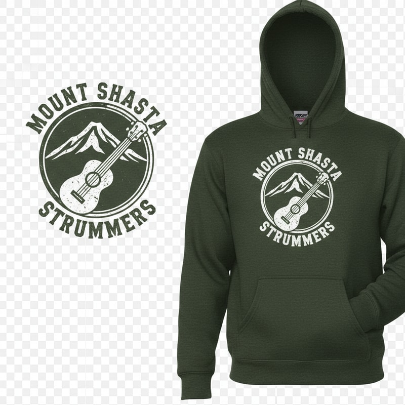 11/1 ***I'm narrowing it down and will decide today. please check that it actually looks like the mountain. I've decided to not include the feet. I like faded vintage font. I like the circle framing and the remaining ones are my favorites. I have one i am looking at that is the likely winner but i am open to anything since i will be deciding today. Don't flood the page with new entries if they do not look like the mountain or have all the details listen. thank you for your submissions.https://www.rushordertees.com/catalog/hanes/ultimate-cotton-pullover-hoodie/?color=38 this will likely be the color and hoodie so please use it for mock up images.***

***UPDATE: please check my images provided. It's important that it actually look like Mount Shasta: Mount Shasta has 2 peaks.. A larger one to the right and a slightly smaller one to the left of it. I prefer it to look vintage and faded. No one has done the worn looking font yet and i really love it. I also am really liking the mountain and uke in a circular frame of sorts. I'm preferring the look of the ukulele at an angle or sideways vs straight up, so there is room for the mountain in the background. Since it will likely be on a heather green or maroon (darker color) lets stick to white. I'm also enjoying the angled uke with the angled font. Also, the hoodies will likely have a pouch so keep the image and font above it. IF IT DOESN'T LOOK LIKE THE ACTUAL MOUNTAIN, I WILL NOT SELECT IT. PLEASE TAKE THE TIME TO LOOK AT THE PROVIDED IMAGES OF THE MOUNTAIN. IT HAS A DISTINCT LOOK. https://www.rushordertees.com/catalog/jerzees/nublend-pullover-hoodie/?color=as This is the hoodie and of their colors it will either be heather maroon or military green. It would be helpful to see the print on the actually hoodie. Thanks***

I’m looking for a clean, clever front-graphic that puts equal emphasis on Mount Shasta’s unmistakable silhouette and a ukulele, paired with the words “Mount Shasta Strummers.” I’m open to both minimalist and vintage aesthetics, so feel free to surprise me with either approach—or a smart blend of the two. It would be amazing to somehow make part of the ukulele be the silhouette of the Mount. Please be creative. Will include a few screen shots of existing shasta shirts so you can see the shape of the mountain. I also am including a glacier mountain sweatshirt because i liked the vintage font.

Design notes
• Color: the artwork must work in solid white or solid black because it will be printed on a green hoodie sweatshirt.
• Style: keep it simple, readable, and a bit abstract rather than highly detailed.
• Composition: mountain and ukulele should share the spotlight; neither element should feel secondary.
• Text: include our exact name “Mount Shasta Strummers.” No additional wording needed.

Deliverables
1. High-resolution vector file (AI, EPS, or SVG).
2. Print-ready PNG at 300 dpi with transparent background.
3. A quick mock-up on a green hoodie to show placement and scale.

I’ll review every submission and give constructive feedback so you can refine if you wish. The winning design will be worn by our 15-member ukulele group here in the mountain town we love—can’t wait to see your creativity!     creat logo liek this but inspire with first one    keep hodie clour    oregano only    creat strongly active