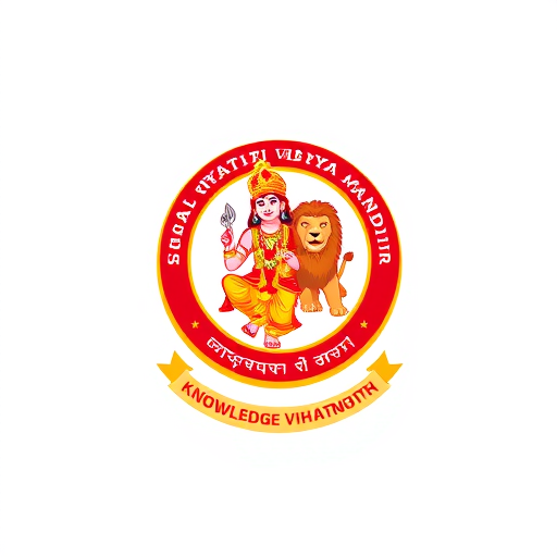 Professional logo design. "Design a modern, professional logo for Saraswati Vidya Mandir, Berhampur. The logo should reflect Indian cultural and educational values. Take inspiration from the original logo (which shows Lord Krishna with a lion), but create a cleaner, simplified, and more contemporary version. Use bold and vibrant colors like saffron, red, and gold, while keeping the text in both Odia and English. The design should have a circular emblem style, with Lord Krishna and the lion stylized in a minimal yet recognizable way. Include the school’s motto and emphasize knowledge, tradition, and strength. The final design should look suitable for use on websites, certificates, and uniforms."