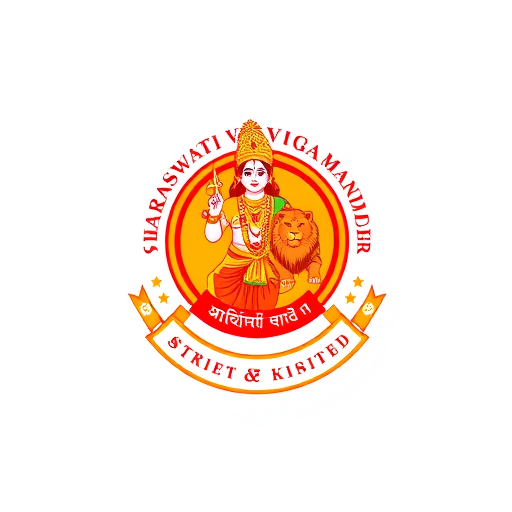 Professional logo design. "Design a modern, professional logo for Saraswati Vidya Mandir, Berhampur. The logo should reflect Indian cultural and educational values. Take inspiration from the original logo (which shows Lord Krishna with a lion), but create a cleaner, simplified, and more contemporary version. Use bold and vibrant colors like saffron, red, and gold, while keeping the text in both Odia and English. The design should have a circular emblem style, with Lord Krishna and the lion stylized in a minimal yet recognizable way. Include the school’s motto and emphasize knowledge, tradition, and strength. The final design should look suitable for use on websites, certificates, and uniforms."