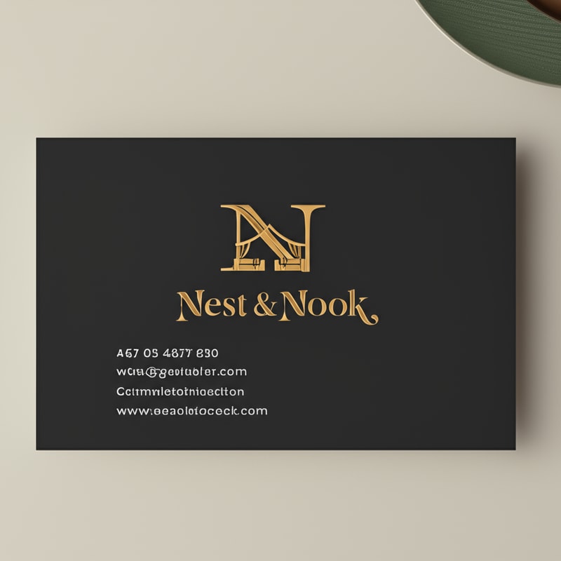 Business card mockup for "Nest & Nook". Matte black background with embossed gold logo in the center. Clean sans-serif white text for contact details. Sophisticated, premium, high-end interior brand identity.