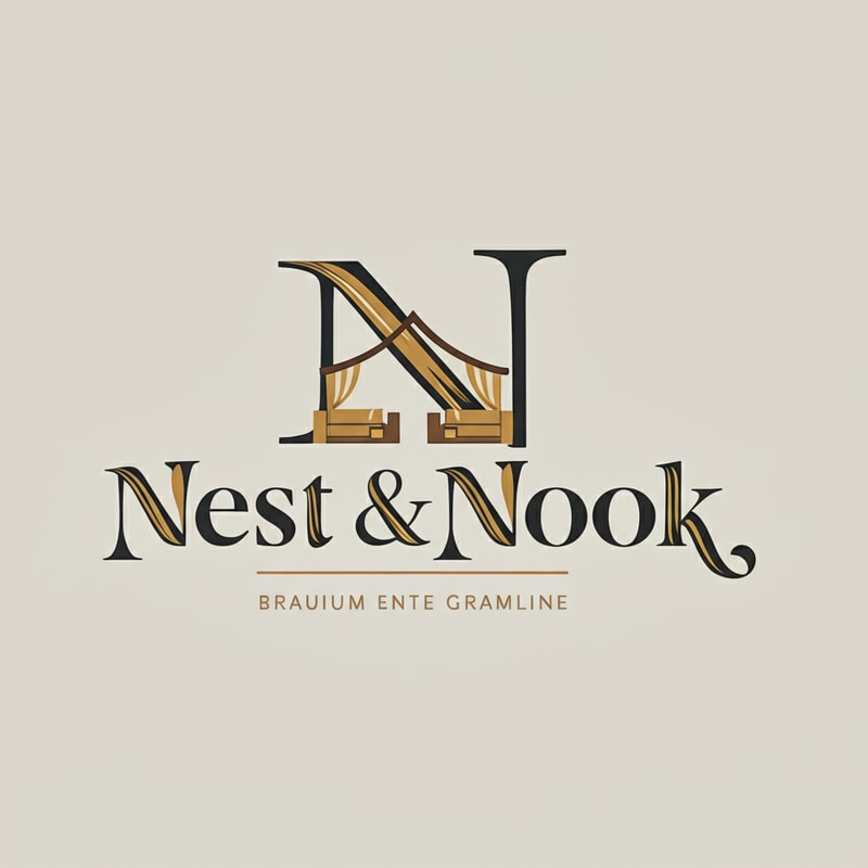 Full logo for "Nest & Nook". Stylized monogram "N&N" integrated with the full text "Nest & Nook" below. Flat design, simple geometric shapes suggesting recliner and fabric folds. Warm beige + deep grey tones. Modern, clean, sophisticated.