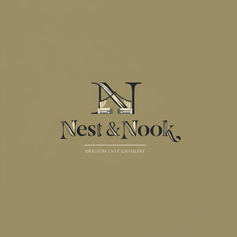 Ultra-minimalist flat logo for "Nest & Nook". Geometric home symbol with simple abstract shapes representing mattress and recliner. Soft pastel palette (cream, grey, muted olive). Calm, modern, cozy interior design feel.