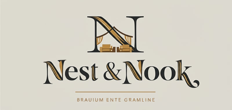 Full brand logo for "Nest & Nook". Soft sans-serif lettering with subtle rounded corners. Abstract line-art icon of a home + sofa placed above the text. Pastel colors (cream, muted olive, grey). Calm, minimal, cozy.