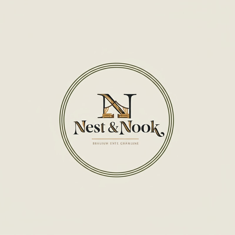 Instagram logo for "Nest & Nook". Abstract geometric home + furniture symbol inside a circle. Soft pastel palette (cream, muted olive, grey). Ultra-minimalist, calm, modern aesthetic.