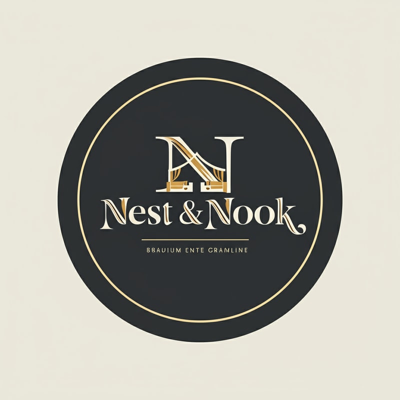 Instagram profile logo for "Nest & Nook". Round badge-style emblem with elegant "Nest & Nook" text inside. Thin gold outline, deep charcoal background. Stylish, bold, recognizable at small scale.