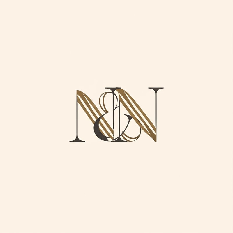 Elegant monogram logo design for "Nest & Nook". Stylized letters "N&N" intertwined with soft, cushion-like curves. Minimalist lines, black and muted gold palette. Luxury interior brand identity, premium, timeless, versatile.