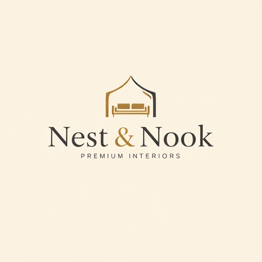 Professional logo design. Minimalist luxury logo design for "Nest & Nook", a premium interior and home lifestyle brand. Modern, clean typography with an elegant icon that combines a cozy home shape with abstract curves suggesting sofas, recliners, and curtains. Use a warm, neutral color palette (beige, charcoal, muted gold). Trending flat design, sophisticated, timeless, versatile for digital and print.