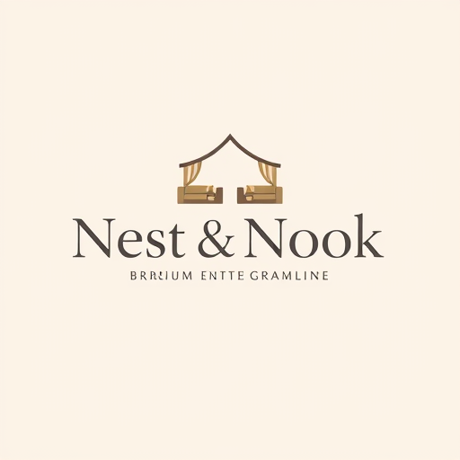Professional logo design. Minimalist luxury logo design for "Nest & Nook", a premium interior and home lifestyle brand. Modern, clean typography with an elegant icon that combines a cozy home shape with abstract curves suggesting sofas, recliners, and curtains. Use a warm, neutral color palette (beige, charcoal, muted gold). Trending flat design, sophisticated, timeless, versatile for digital and print.