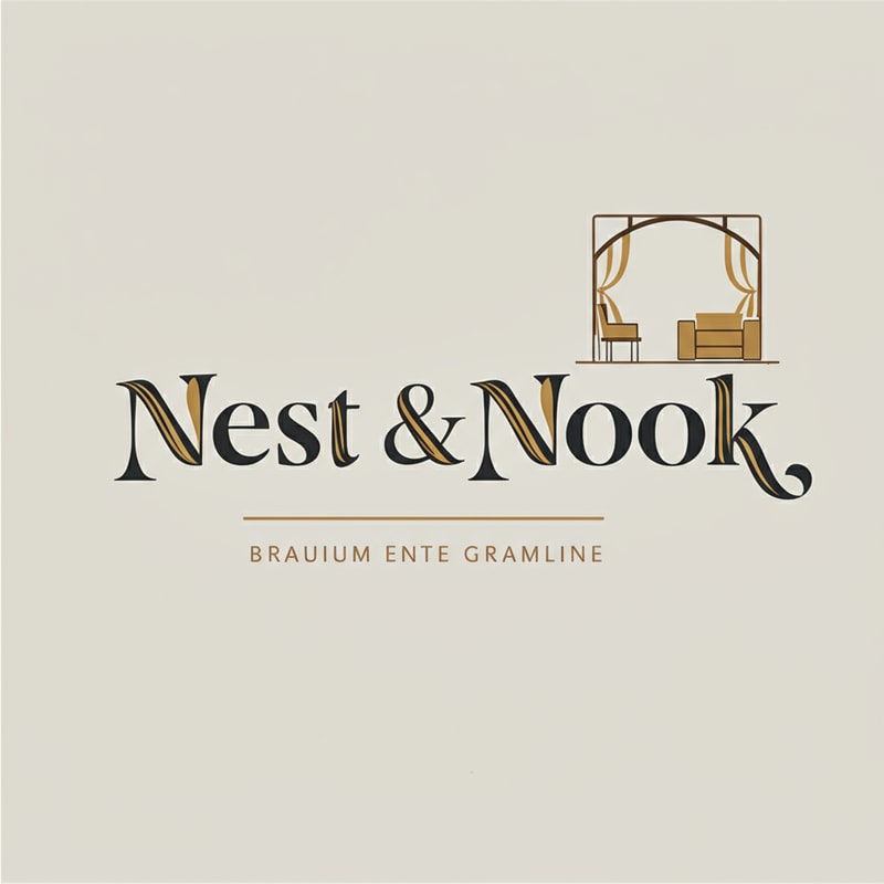 ull logo design for "Nest & Nook". Elegant serif + sans-serif typography with brand name written clearly. Icon of a cozy home with abstract curves suggesting sofa and curtains placed beside text. Neutral palette (charcoal, muted gold, beige). Premium, timeless, Instagram-ready.