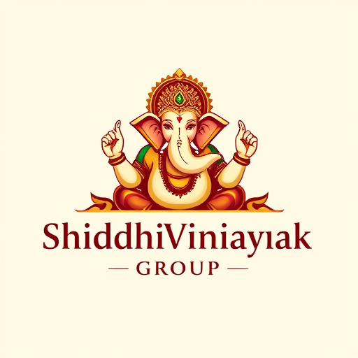 Professional logo design. Character logo for a spiritual and business conglomerate named "Shiddhivinayak Group": Lord Ganesha in a majestic yet modern pose, radiating prosperity and wisdom, with the group name incorporated seamlessly. Warm gold, deep maroons, and subtle hints of emerald green, elegant yet strong serif font for "Shiddhivinayak" and a bolder sans-serif for "Group". Indian folk art inspired design, with intricate yet clean linework and a contemporary aesthetic, featuring subtle auspicious symbols like a lotus or a chakra. Detailed texture and gradient on the character for depth. Plain off-white background.