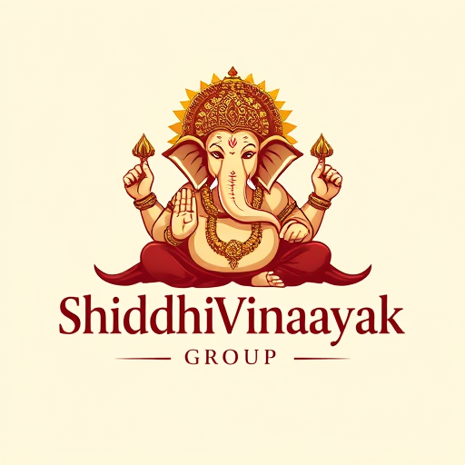 Professional logo design. Character logo for a spiritual and business conglomerate named "Shiddhivinayak Group": Lord Ganesha in a majestic yet modern pose, radiating prosperity and wisdom, with the group name incorporated seamlessly. Warm gold, deep maroons, and subtle hints of emerald green, elegant yet strong serif font for "Shiddhivinayak" and a bolder sans-serif for "Group". Indian folk art inspired design, with intricate yet clean linework and a contemporary aesthetic, featuring subtle auspicious symbols like a lotus or a chakra. Detailed texture and gradient on the character for depth. Plain off-white background.