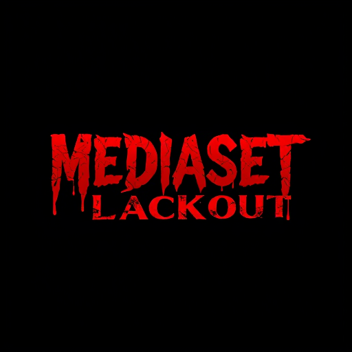 Professional logo design. Letterform logo for a horror game named "MEDIASET BLACKOUT": Scary red font "MEDIASET BLACKOUT" integrated into the logo, Blood red and deep black color palette, Distressed and sharp typography. Design with a dark and unsettling aesthetic, dripping blood accents and subtle crackle effects, on a solid black background.