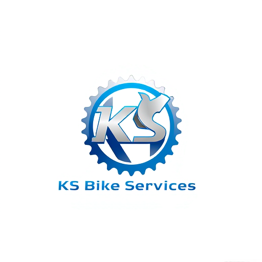 Professional logo design. Minimalist for a bicycle repair and maintenance business named "KS Bike Services": A stylized, abstract representation of a bicycle gear and a wrench interlocking, symbolizing repair and efficiency, Blue and silver, Clean and modern sans-serif, Bicycle industry and modern aesthetics, Flat design with subtle gradients, White.