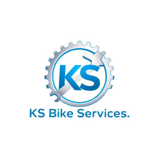 Professional logo design. Minimalist for a bicycle repair and maintenance business named "KS Bike Services": A stylized, abstract representation of a bicycle gear and a wrench interlocking, symbolizing repair and efficiency, Blue and silver, Clean and modern sans-serif, Bicycle industry and modern aesthetics, Flat design with subtle gradients, White.