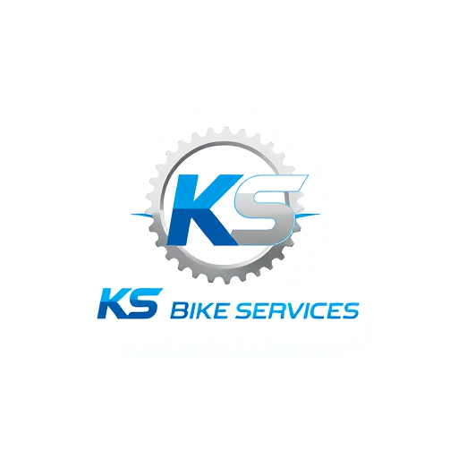 Professional logo design. Minimalist for a bicycle repair and maintenance business named "KS Bike Services": A stylized, abstract representation of a bicycle gear and a wrench interlocking, symbolizing repair and efficiency, Blue and silver, Clean and modern sans-serif, Bicycle industry and modern aesthetics, Flat design with subtle gradients, White.