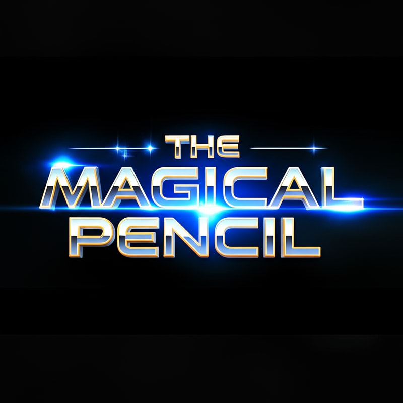 Cinematic 3D title text logo that reads 'The Magical Pencil', bold metallic futuristic typography, glowing neon blue and golden accents inside the text, subtle magical aura around the letters, sharp dramatic lighting on the text edges, minimal dark background, ultra-detailed, Marvel-style epic fantasy look, no extra graphics, text-only design, centered composition, high resolution, photorealistic render