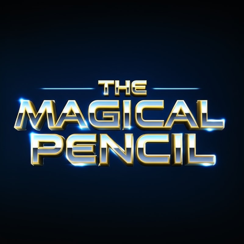 create a image of Cinematic 3D title text logo that reads 'The Magical Pencil', bold metallic futuristic typography, glowing neon blue and golden accents inside the text, subtle magical aura around the letters, sharp dramatic lighting on the text edges, minimal dark background, ultra-detailed, Marvel-style epic fantasy look, no extra graphics, text-only design, centered composition, high resolution, photorealistic render