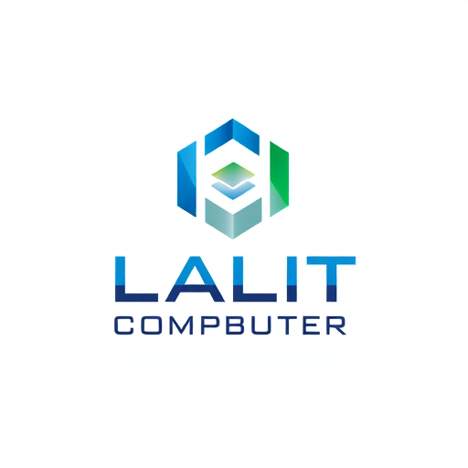 Professional logo design. Minimalist for a computer company named "LALIT COMPUTER": Abstract geometric shapes representing connectivity and data flow, cool blues and greens with a metallic silver accent, clean sans-serif font. Design with a modern and sleek influence, sharp lines and precise angles, with a subtle gradient effect. White background.